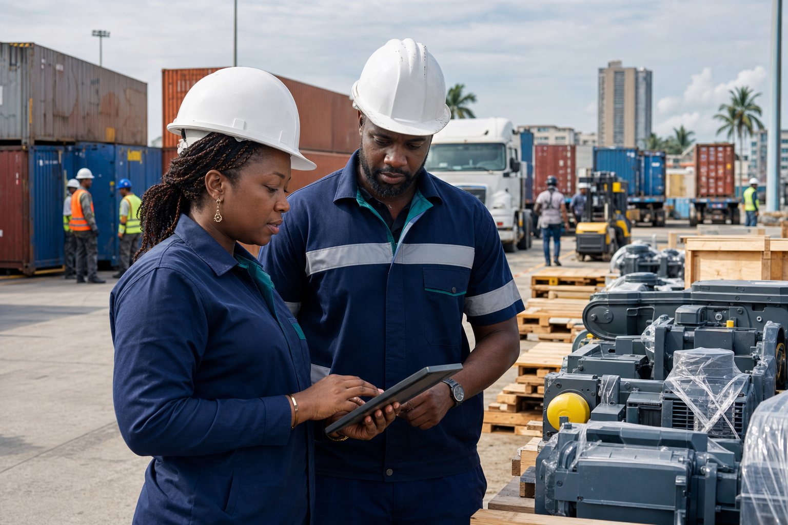 Professionnels coordonnant une opération logistique en Côte d’Ivoire